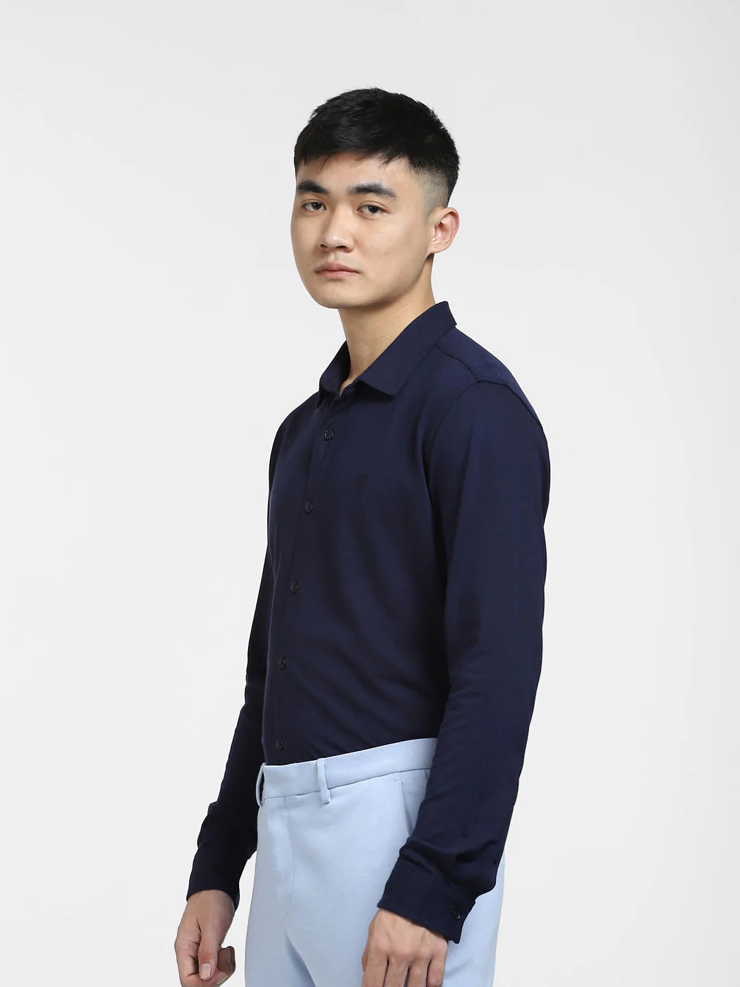 Navy Blue Knitted Full Sleeves Shirt - Image 3