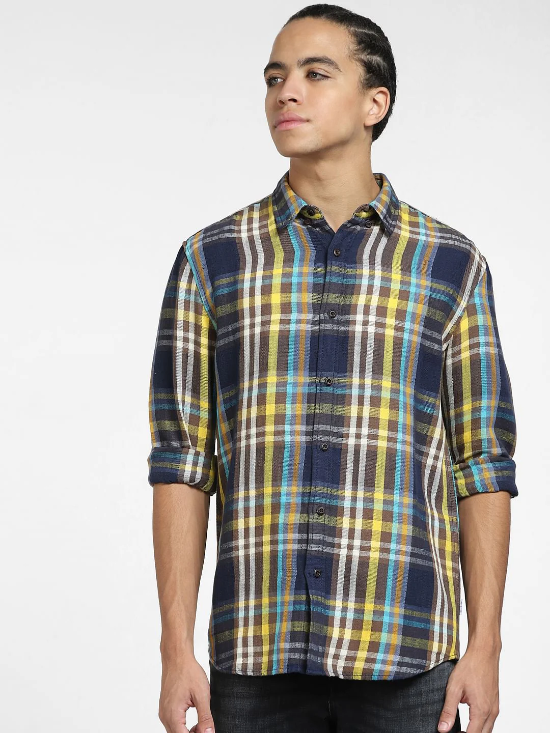 Navy Blue Check Print Linen Shirt - Image 2