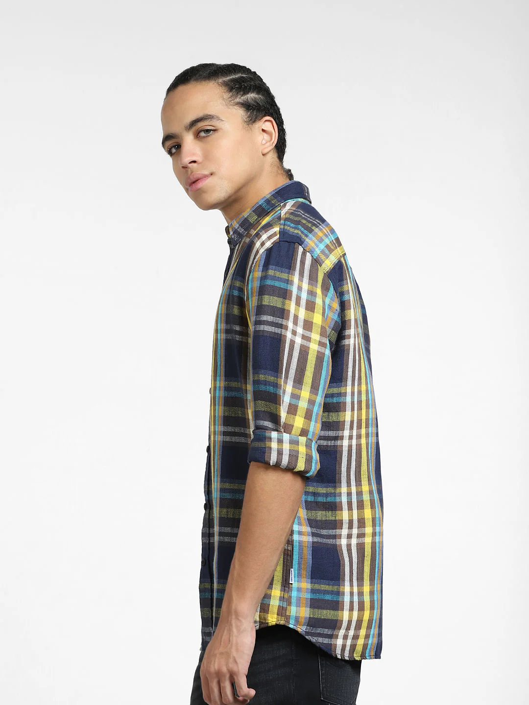 Navy Blue Check Print Linen Shirt - Image 3