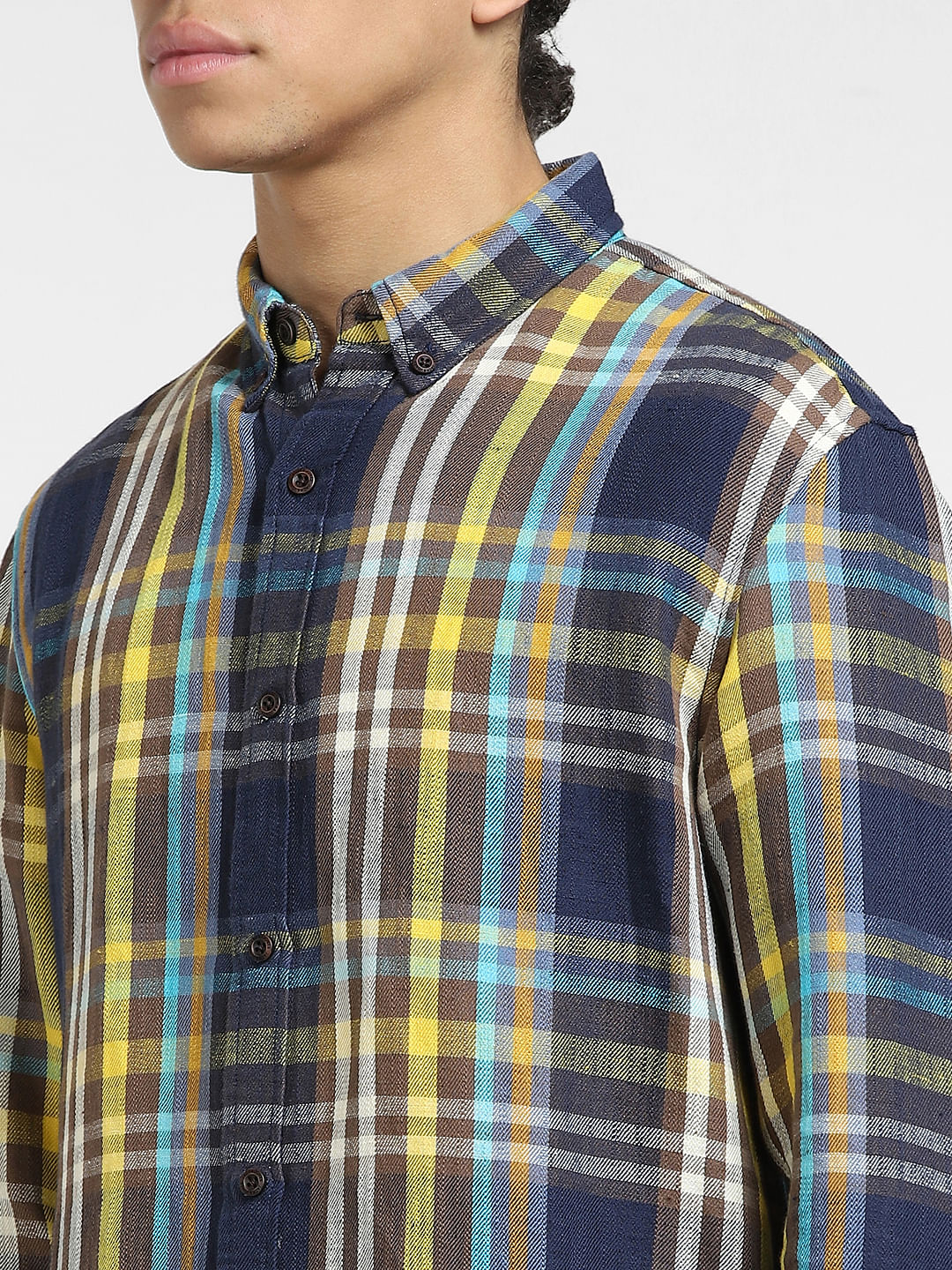 Navy Blue Check Print Linen Shirt - Image 5