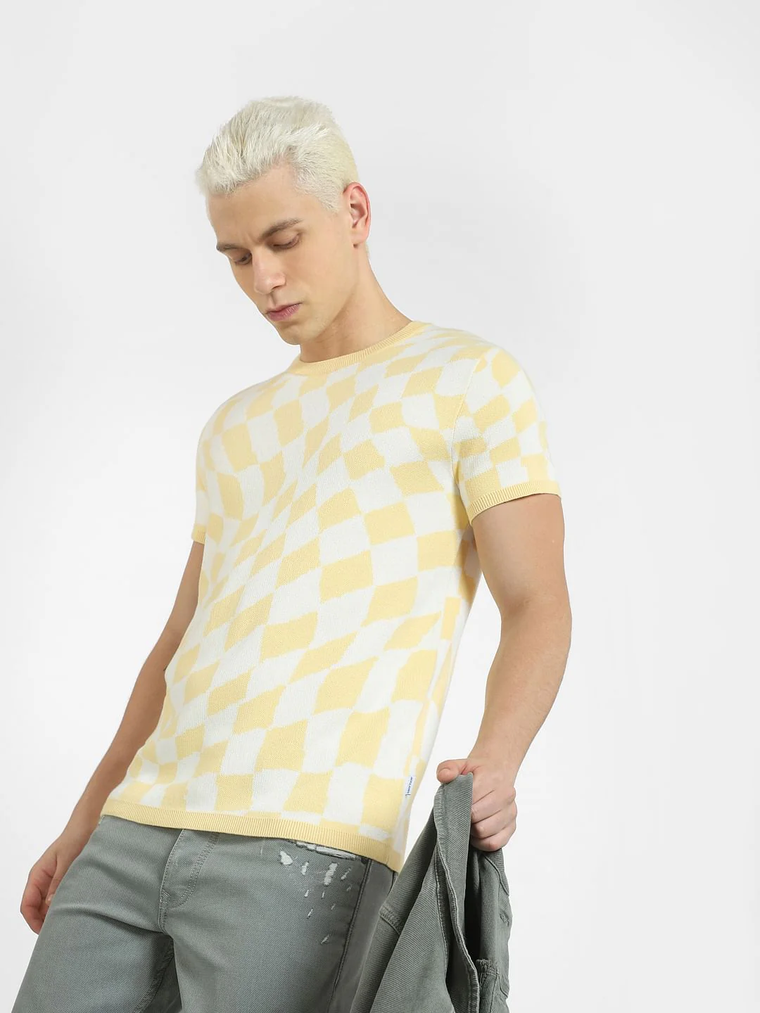 Beige Check Knit Crew Neck T-shirt