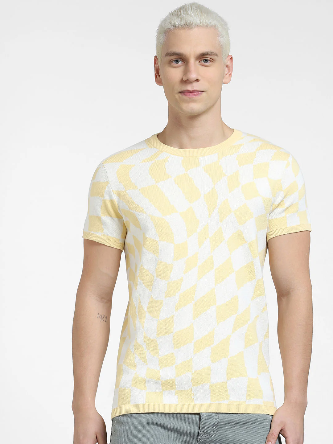 Beige Check Knit Crew Neck T-shirt - Image 2