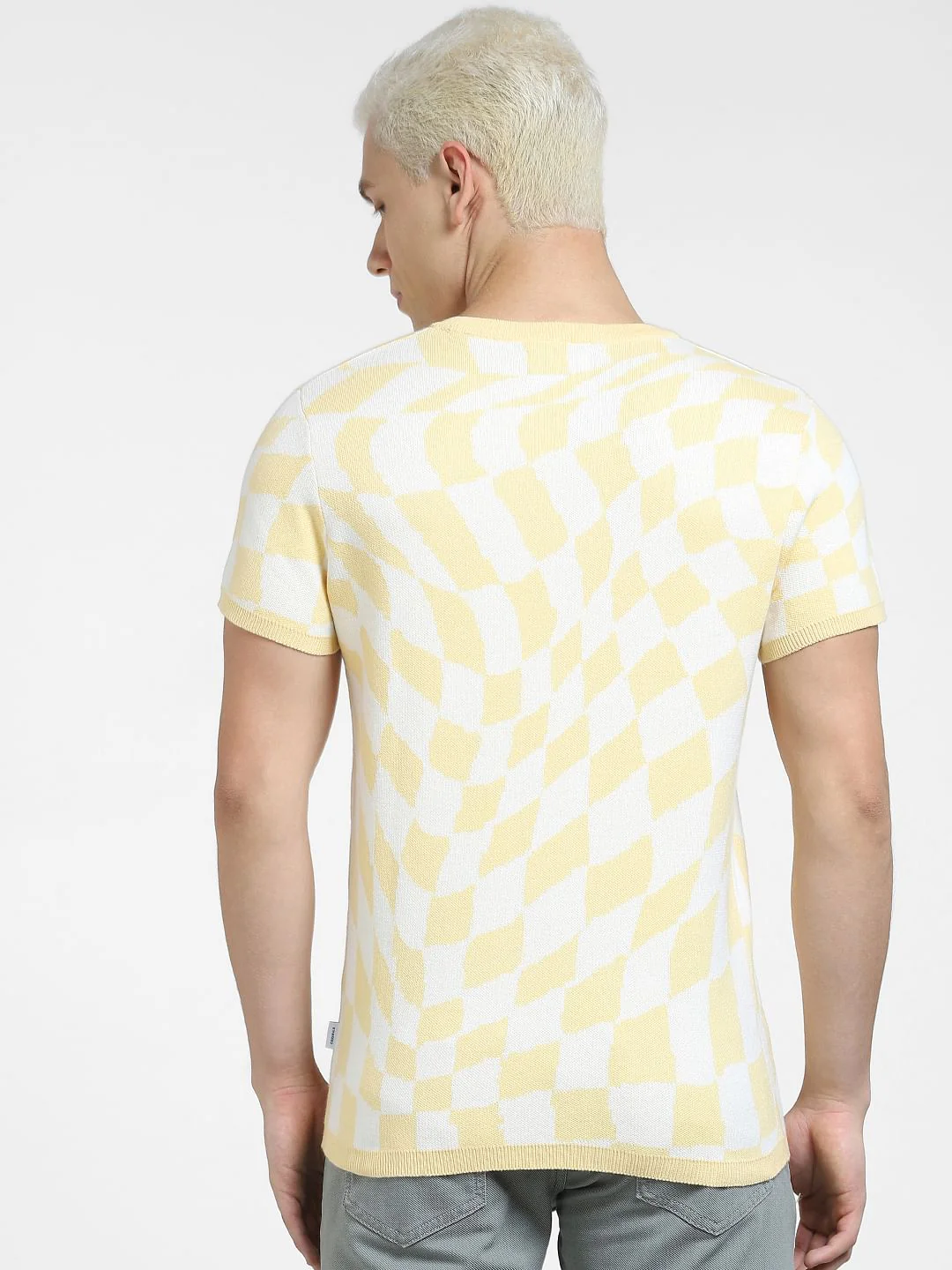 Beige Check Knit Crew Neck T-shirt - Image 4