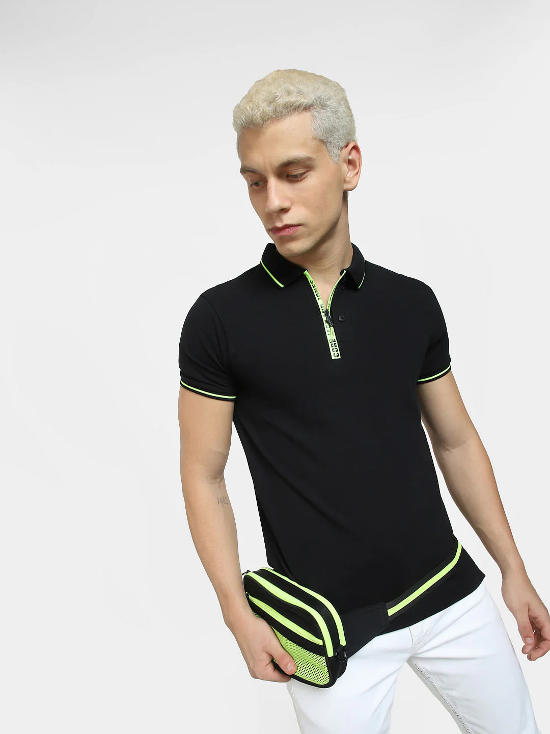 Black Logo Print Polo Neck T-shirt