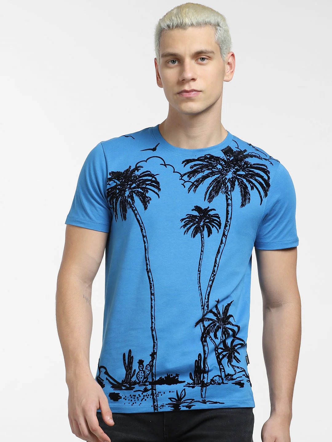 Blue Tropical Print Crew Neck T-shirt - Image 2