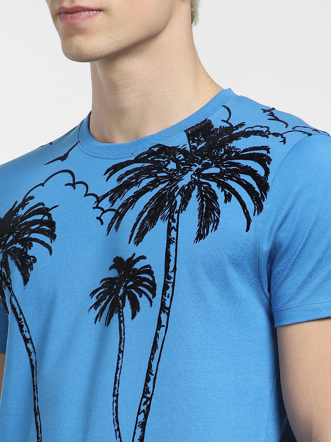 Blue Tropical Print Crew Neck T-shirt - Image 5