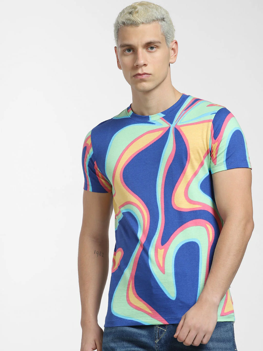 Blue Printed Crew Neck T-shirt - Image 2