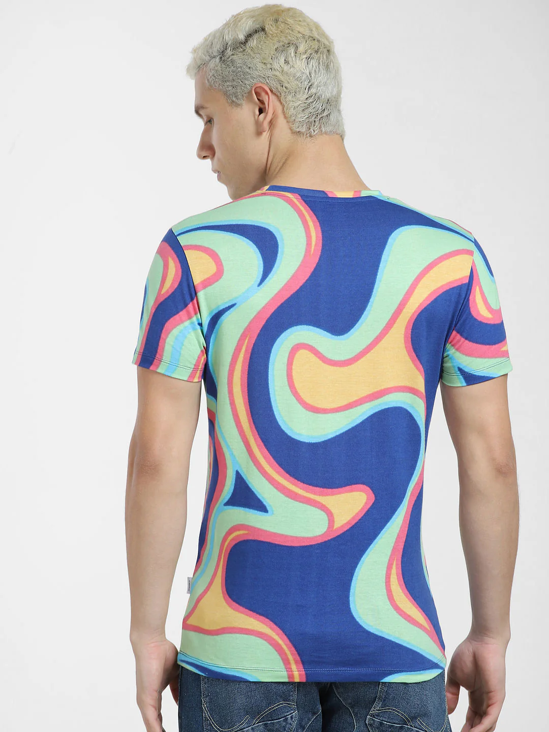 Blue Printed Crew Neck T-shirt - Image 4