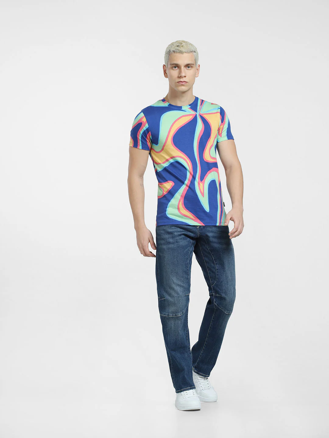 Blue Printed Crew Neck T-shirt - Image 6