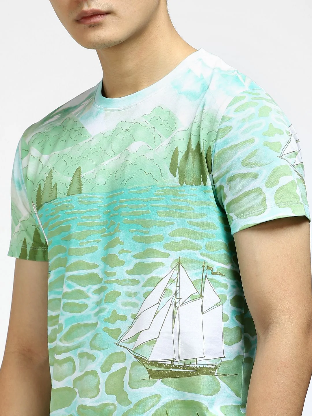 Green Printed Crew Neck T-shirt - Image 5