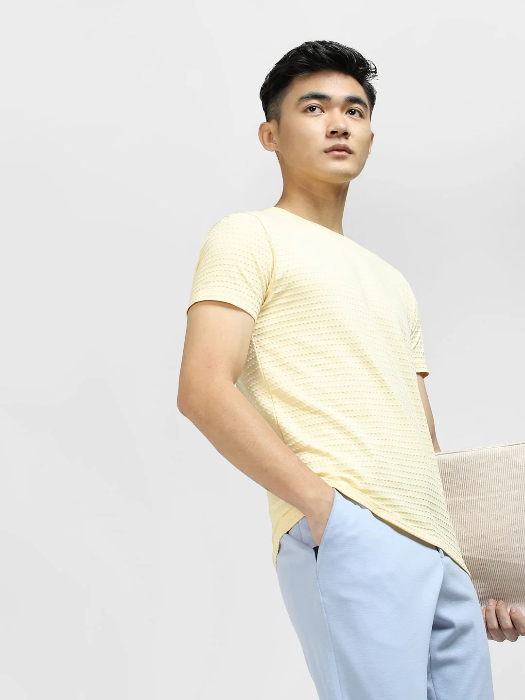 Yellow Self-Design Crew Neck T-shirt