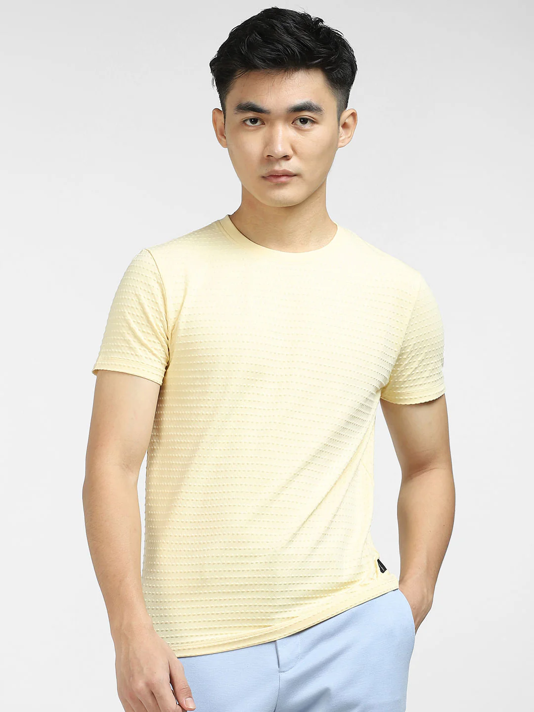 Yellow Self-Design Crew Neck T-shirt - Image 2