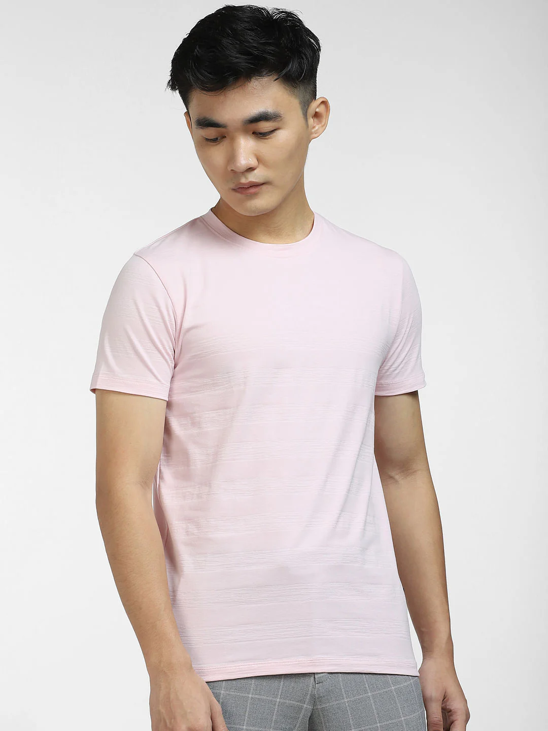 Pink Self-Design Crew Neck T-shirt - Image 2