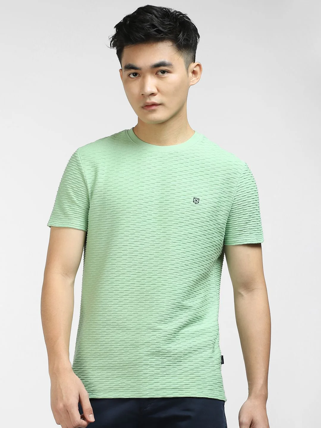 Green Self-Design Crew Neck T-shirt - Image 2