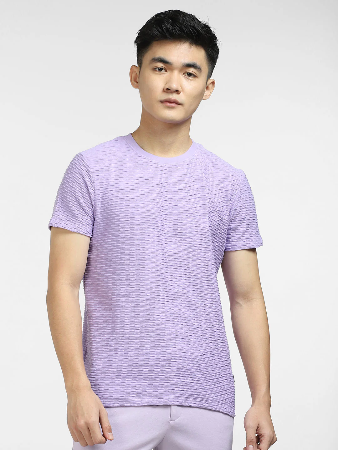 Purple Self-Design Crew Neck T-shirt - Image 2