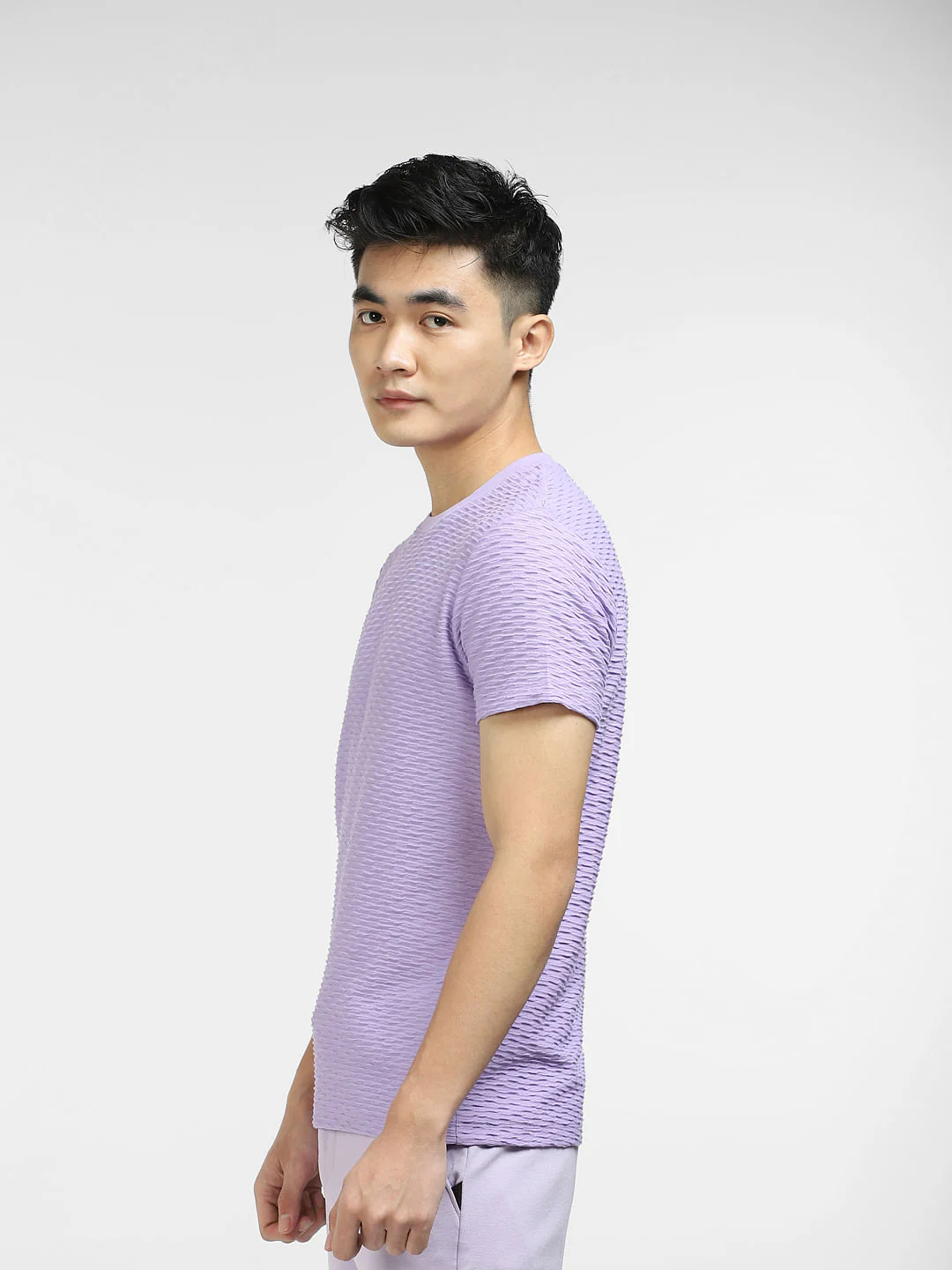 Purple Self-Design Crew Neck T-shirt - Image 3