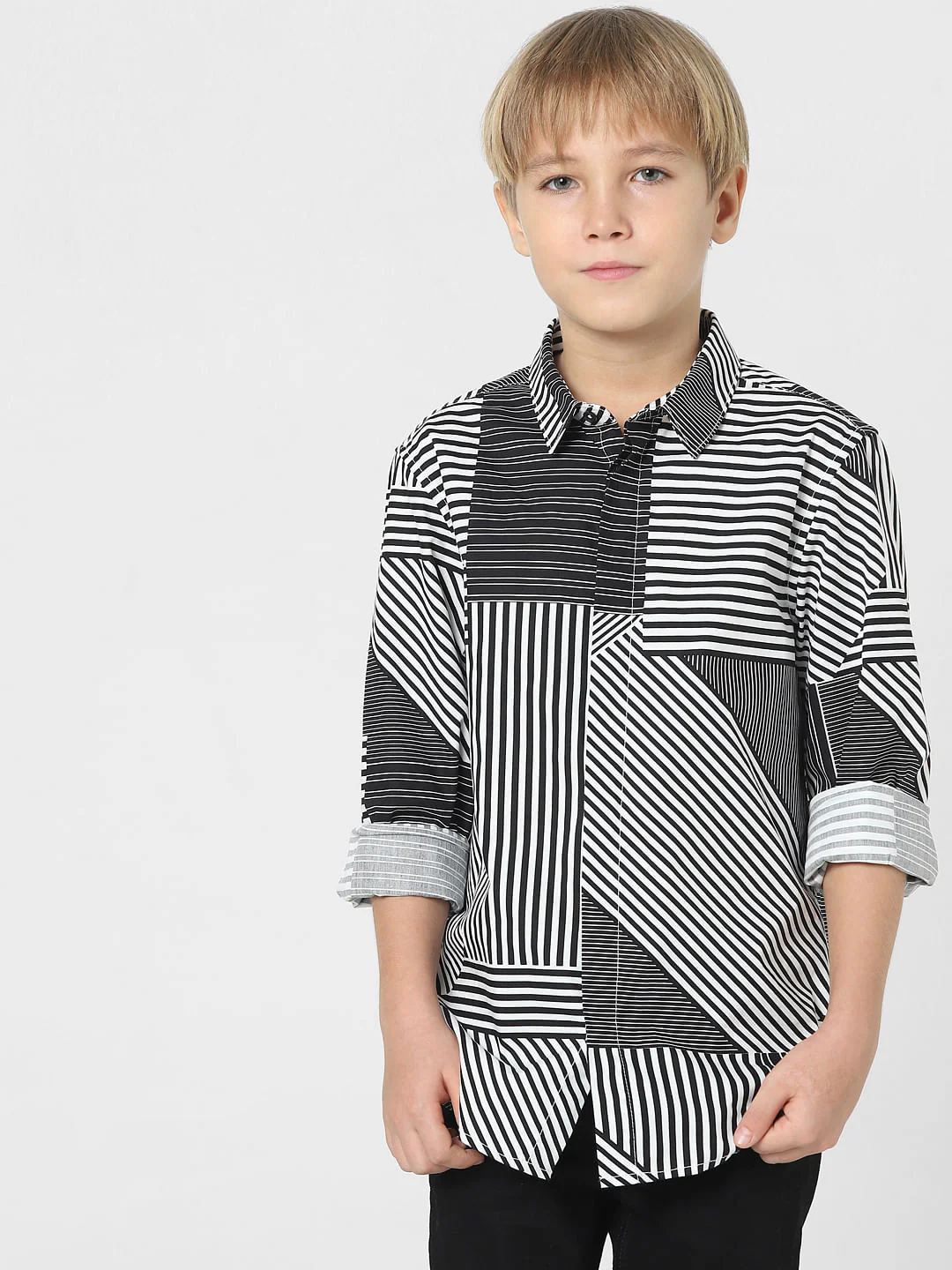 Boys Black Monochrome Full Sleeves Shirt - Image 2