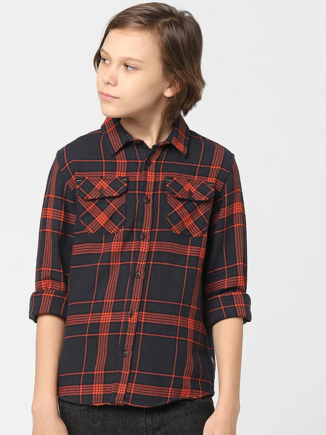 Boys Navy Blue Check Full Sleeves Shirt - Image 2