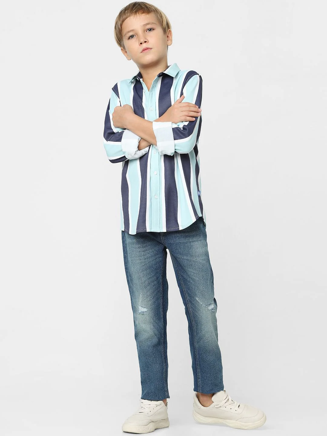 Boys Blue Striped Full Sleeves Shirt - Image 6