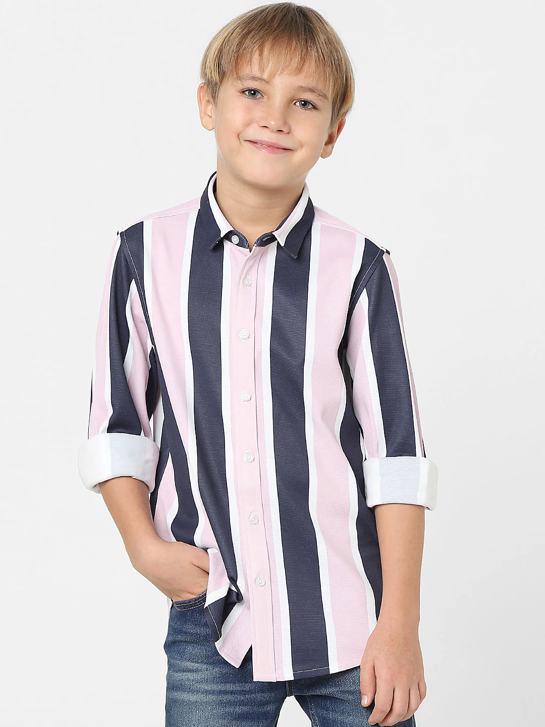 Boys Peach Striped Full Sleeves Shirt - Image 2