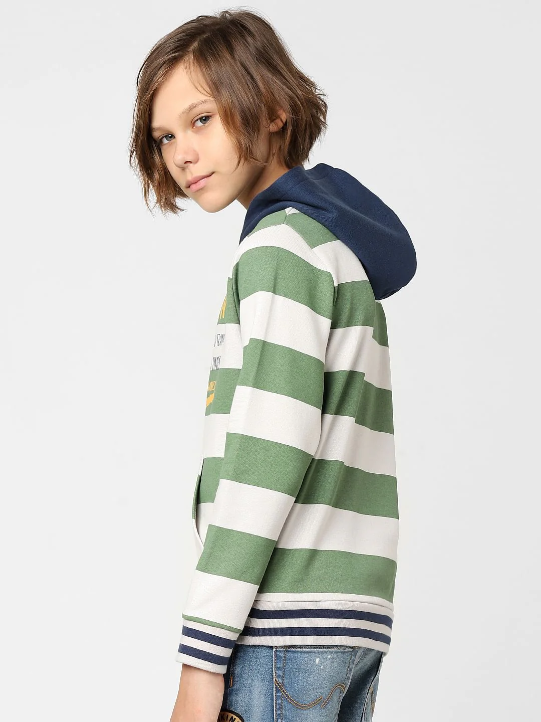 Boys Green Striped Hooded Sweatshirt - Image 3