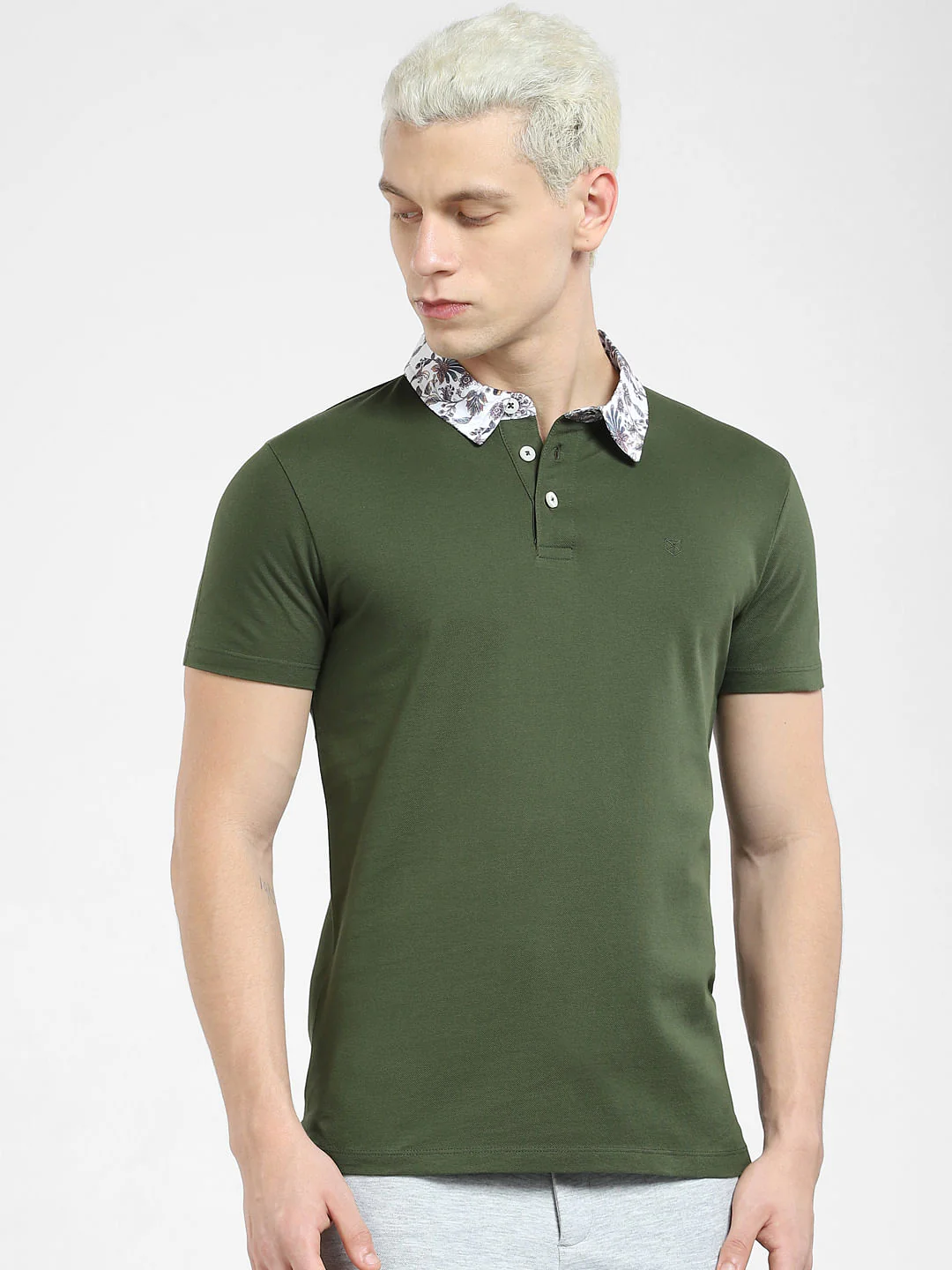 Dark Green Floral Collar Polo T-shirt - Image 2