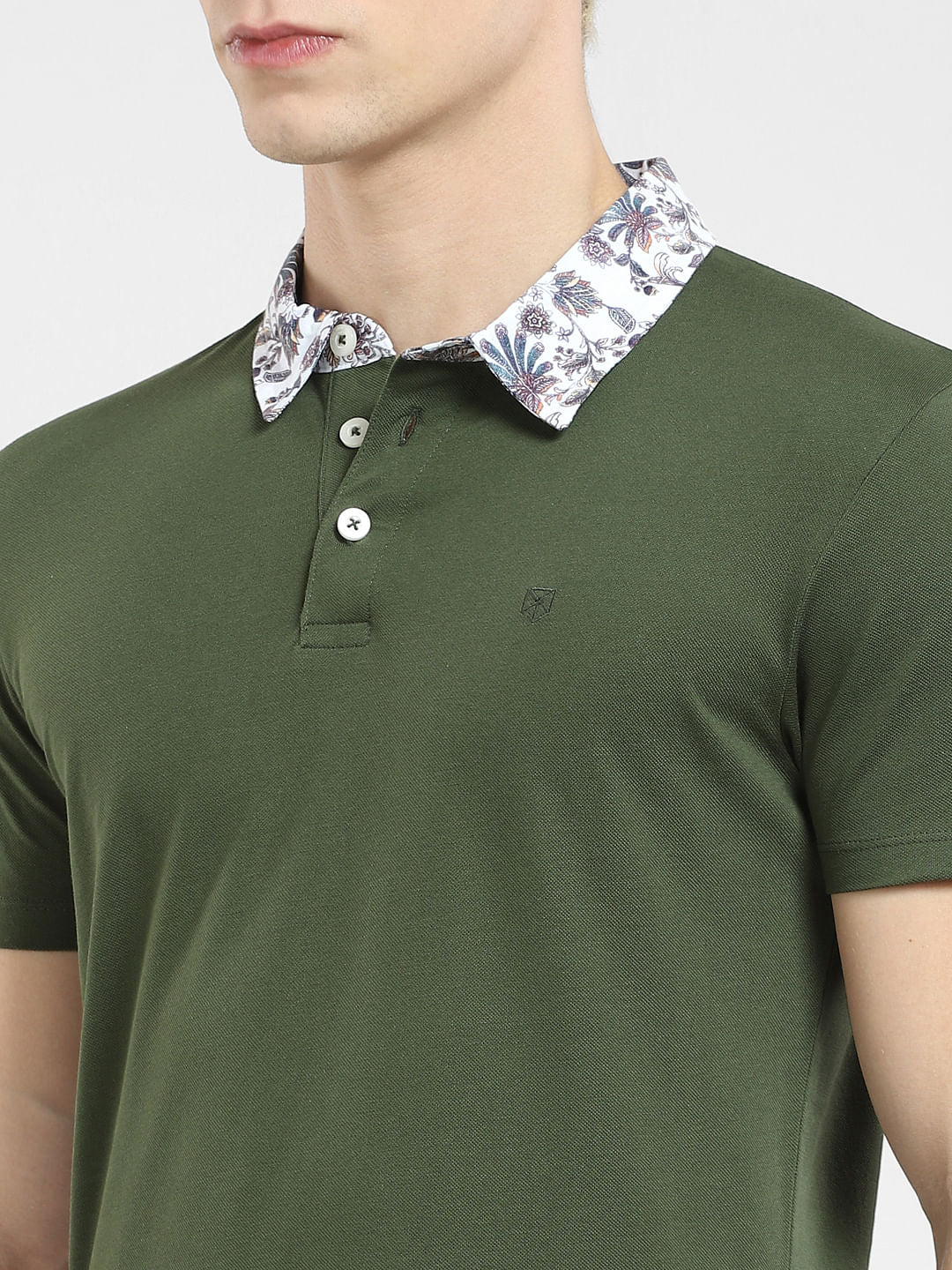 Dark Green Floral Collar Polo T-shirt - Image 5