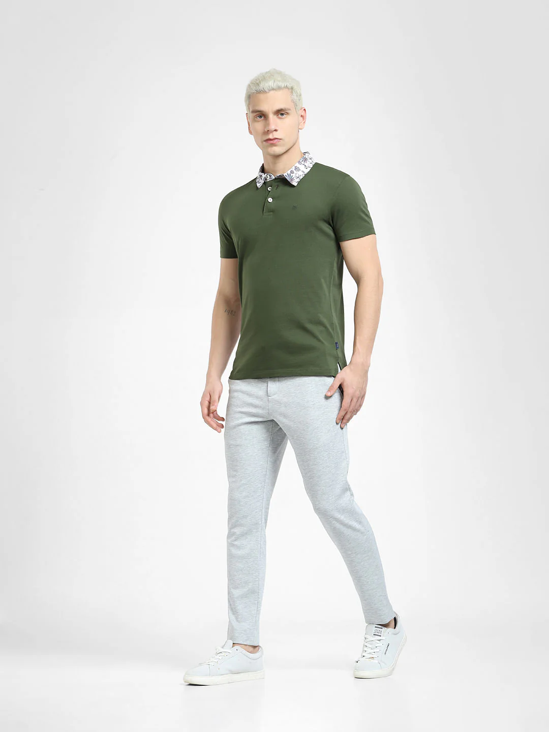 Dark Green Floral Collar Polo T-shirt - Image 6