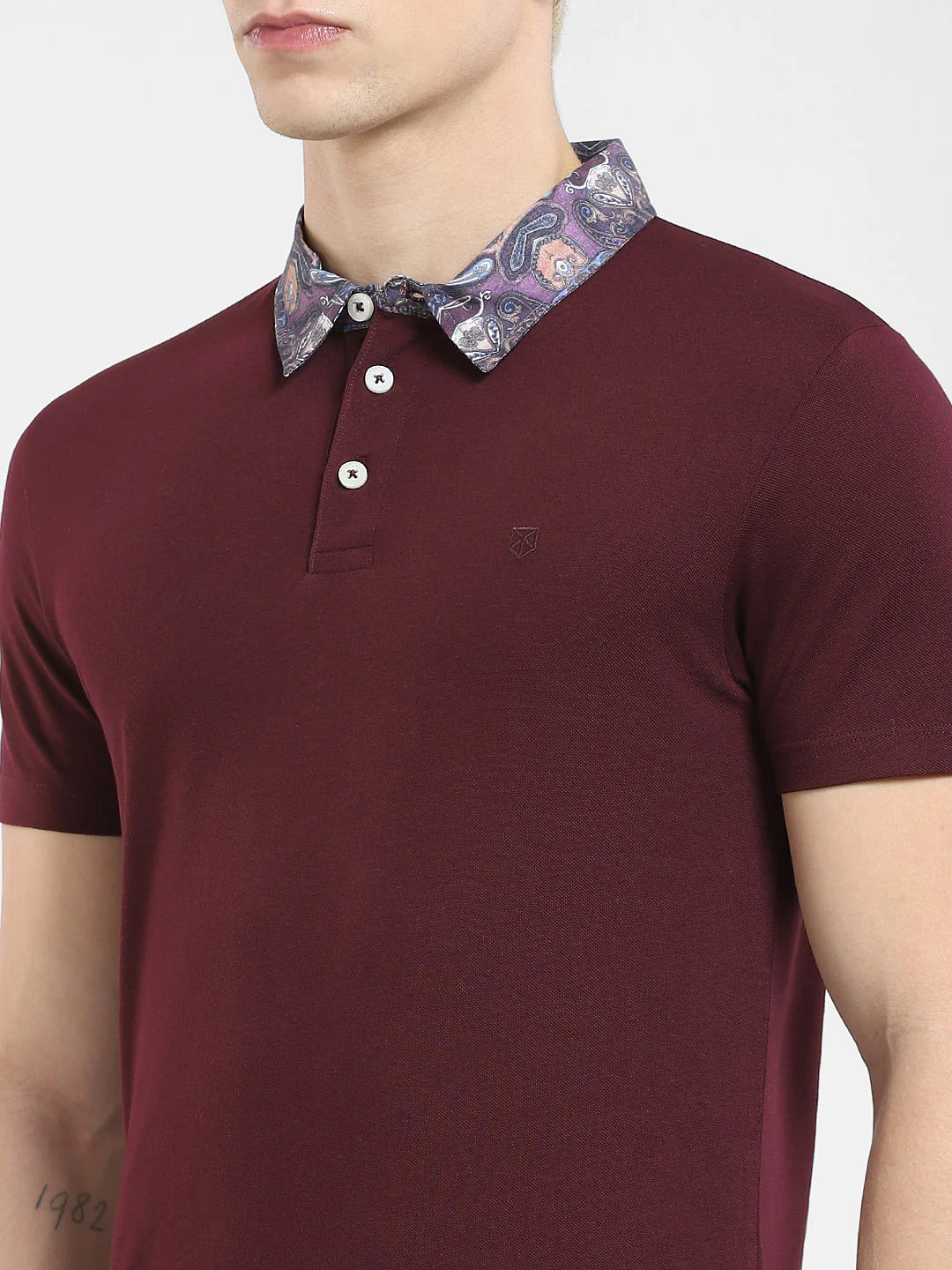 Burgundy Floral Collar Polo T-shirt - Image 5