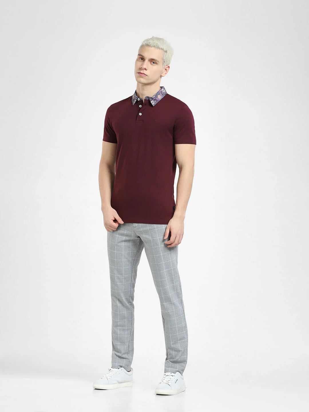 Burgundy Floral Collar Polo T-shirt - Image 6