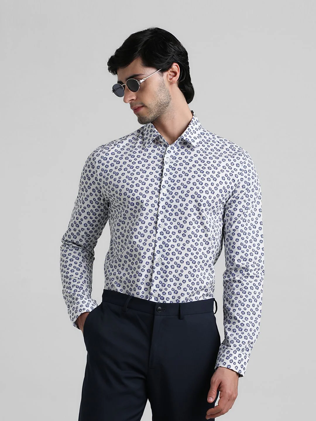 White Floral Full Sleeves Shirt