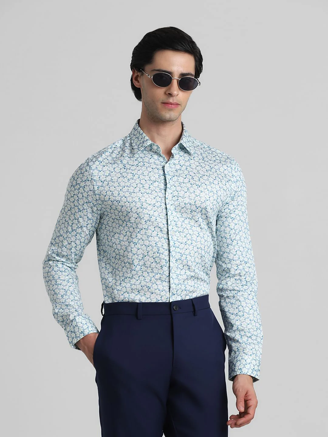 White & Blue Floral Full Sleeves Shirt