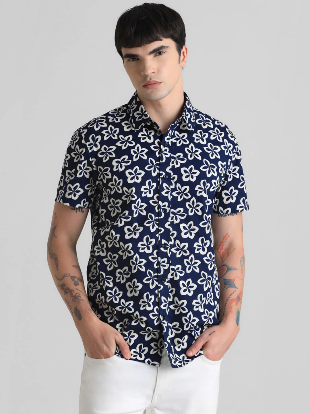 Dark Blue Floral Print Shirt - Image 2