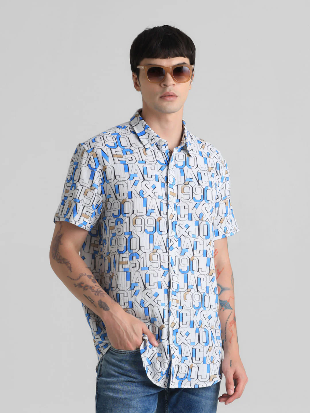 White Logo Print Short Sleeves Shirt