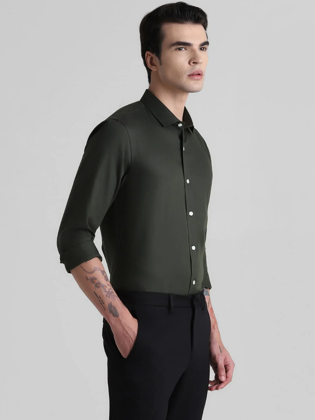 Olive Full Sleeves Solid Shirt - Image 3