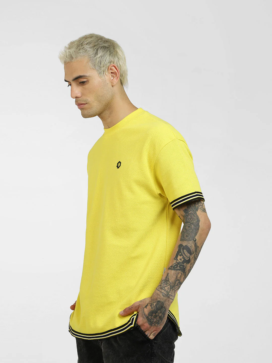 Yellow Contrast Tipping Crew Neck T-shirt - Image 3