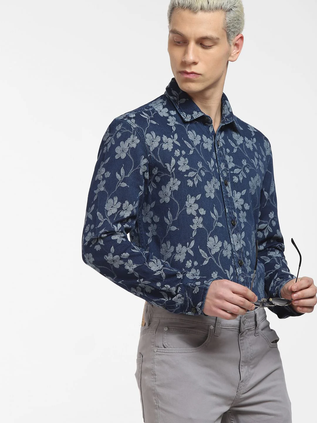 Dark Blue Floral Denim Shirt