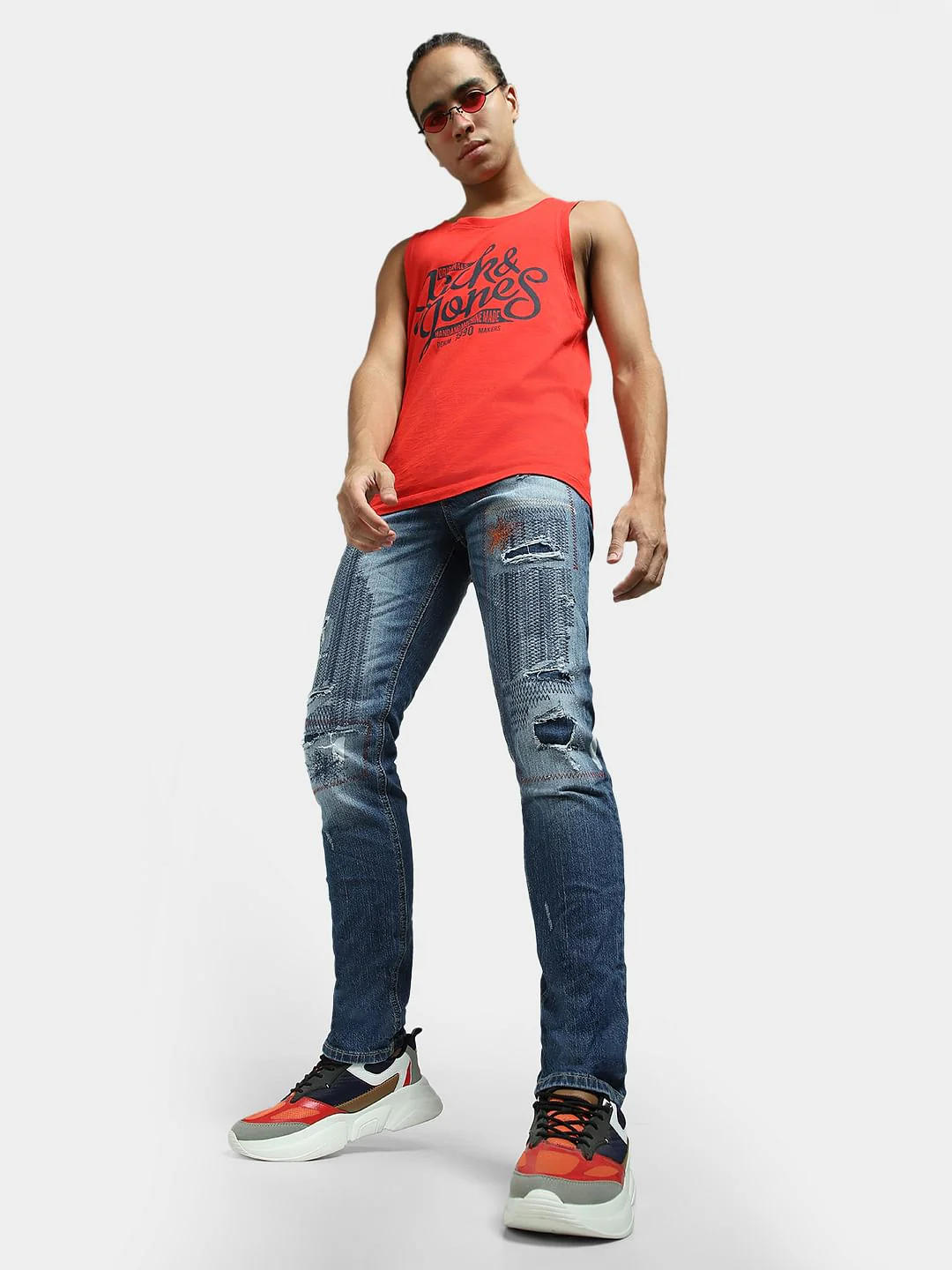 Blue Low Rise Distressed Glenn Slim Fit Jeans