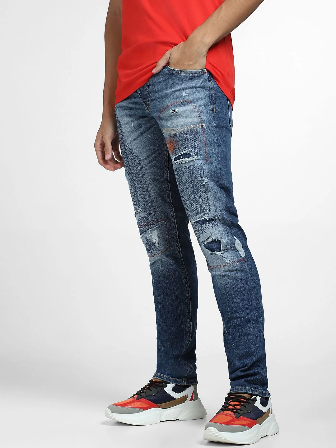 Blue Low Rise Distressed Glenn Slim Fit Jeans - Image 3
