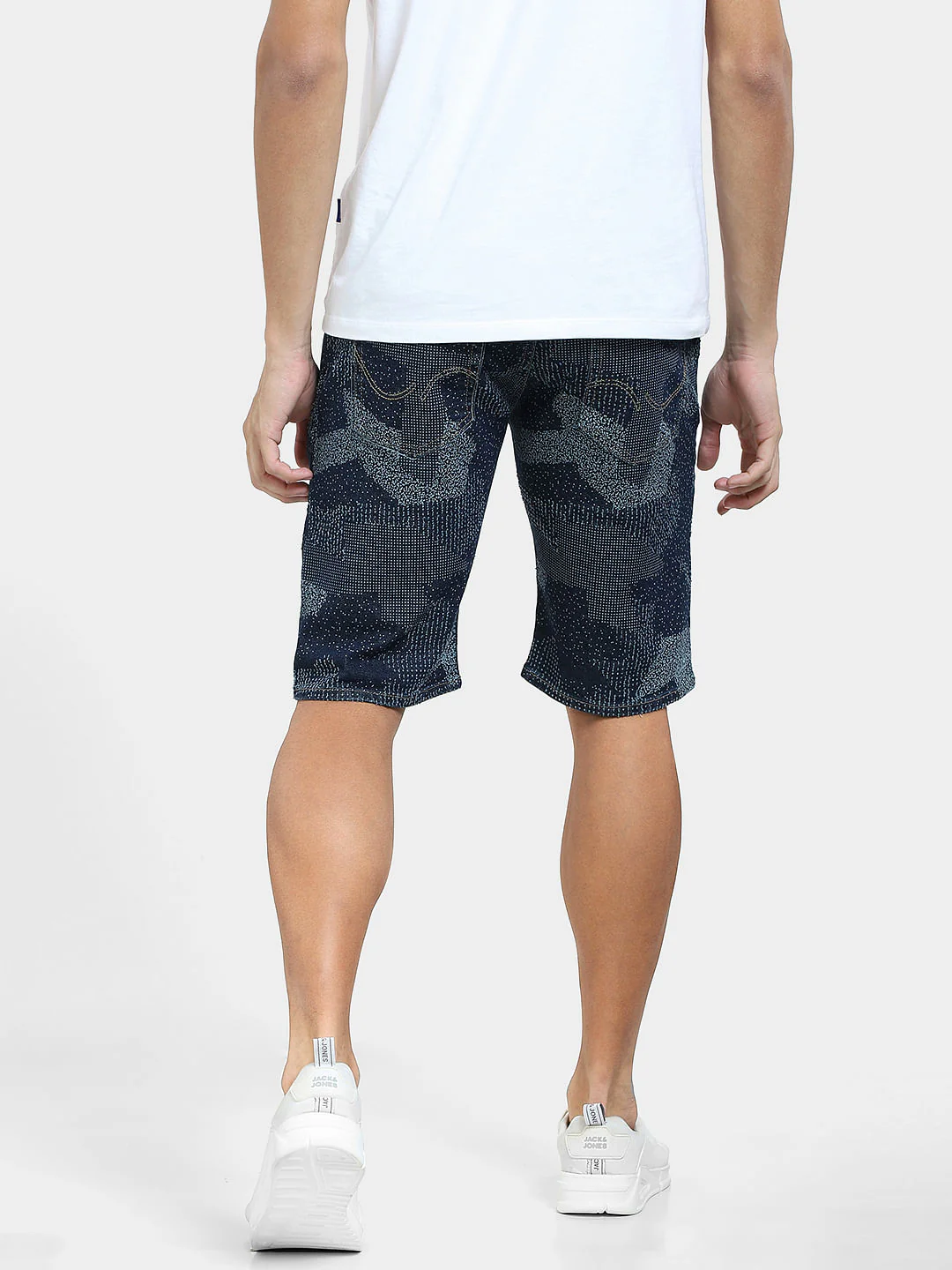 Dark Blue Mid Rise Printed Denim Shorts - Image 4