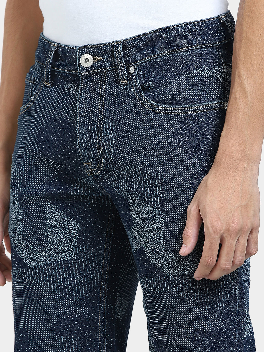 Dark Blue Mid Rise Printed Denim Shorts - Image 5