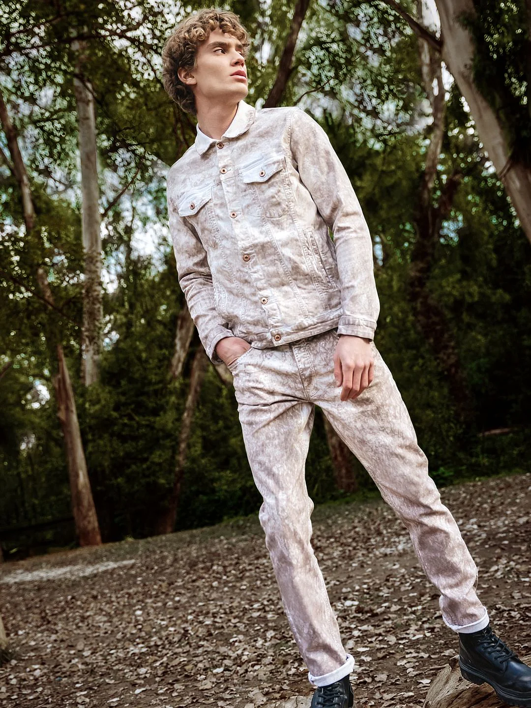 Beige Printed Co-ord Denim Jacket
