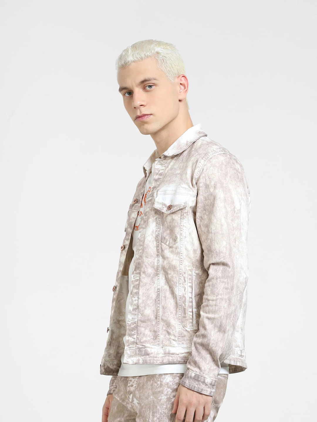 Beige Printed Co-ord Denim Jacket - Image 3