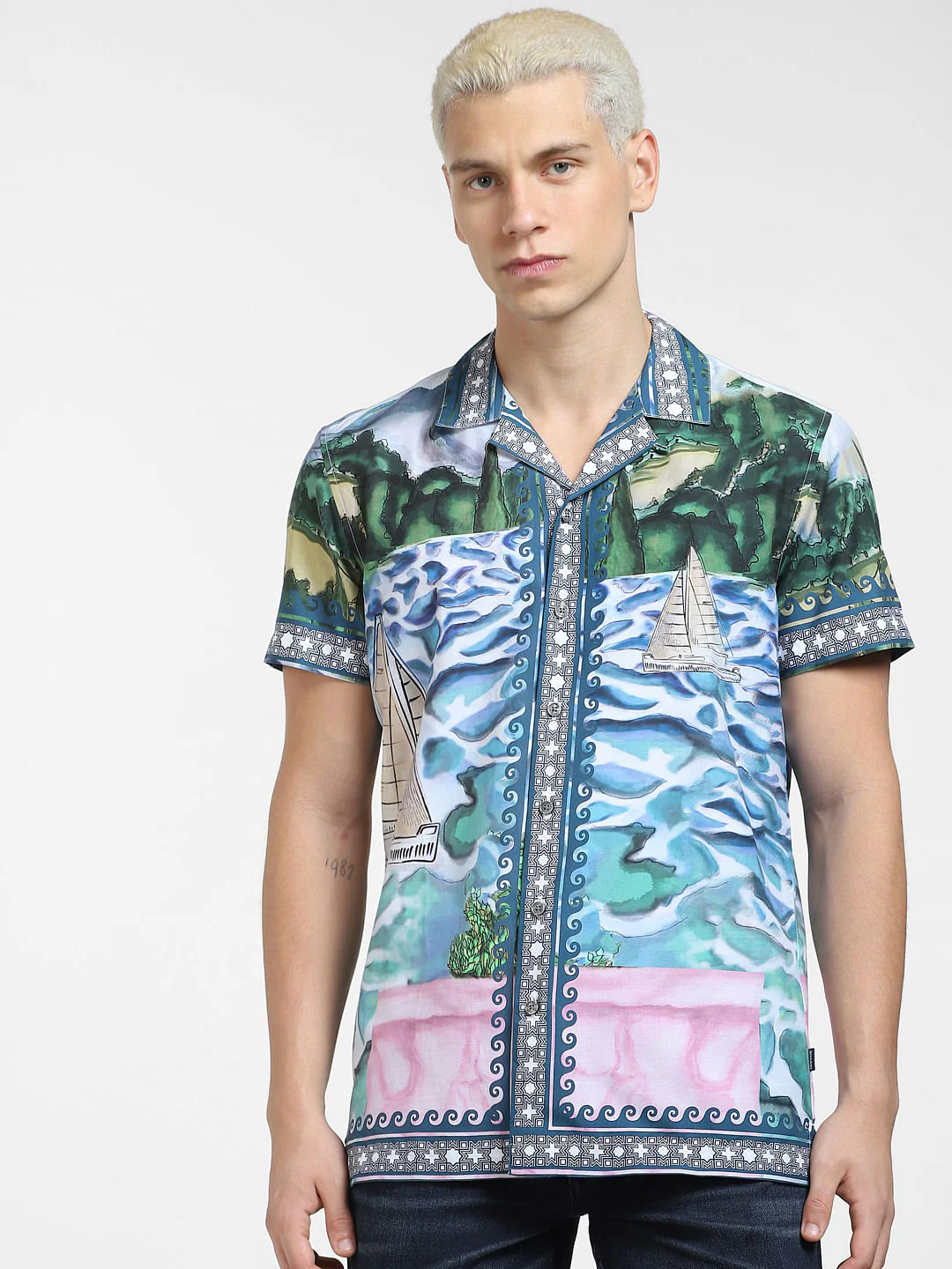 Blue Printed Short Sleeve Shirt - Image 2