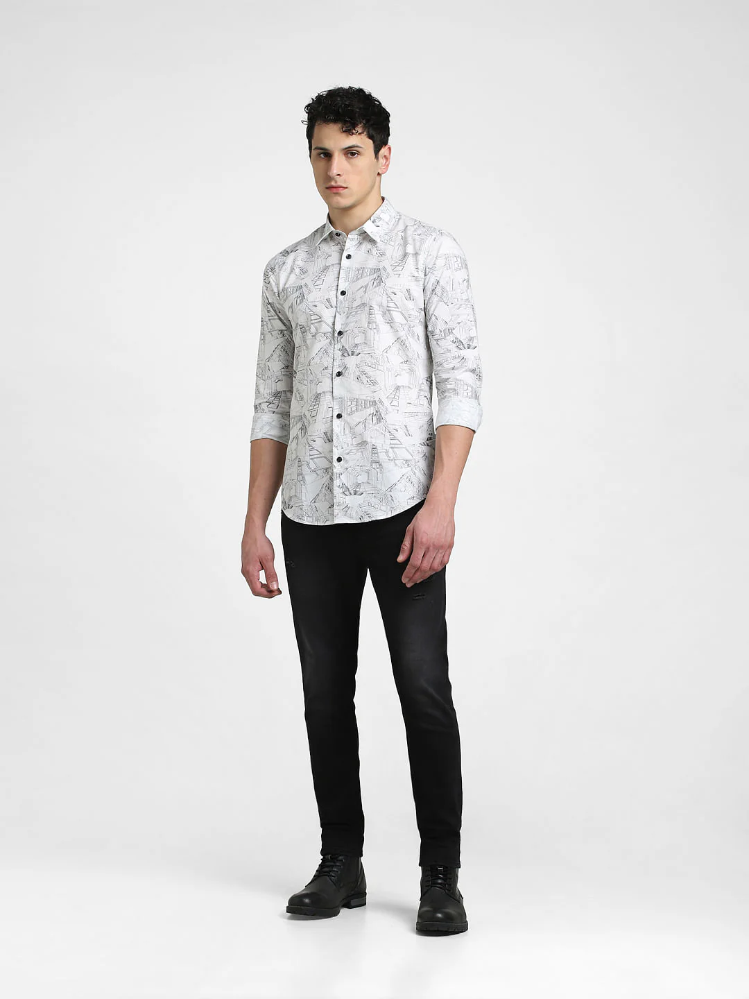 White Abstract Print Full Sleeves Shirt - Image 6