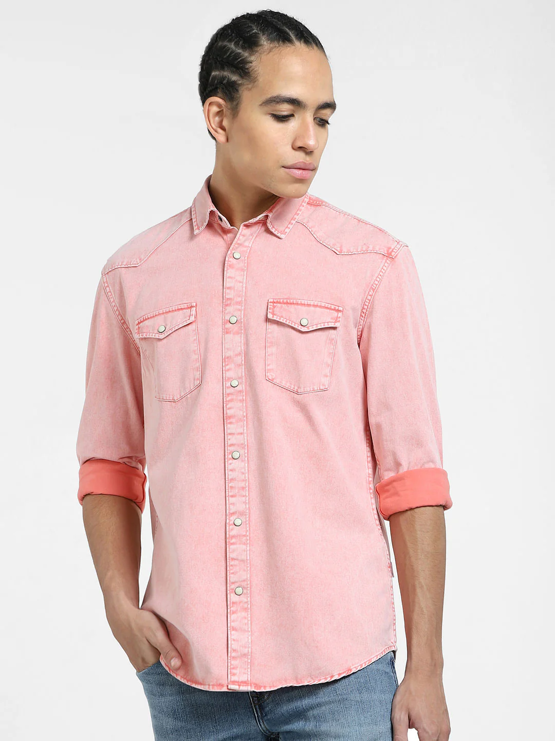 METAVERSE Pink Denim Full Sleeves Shirt - Image 2