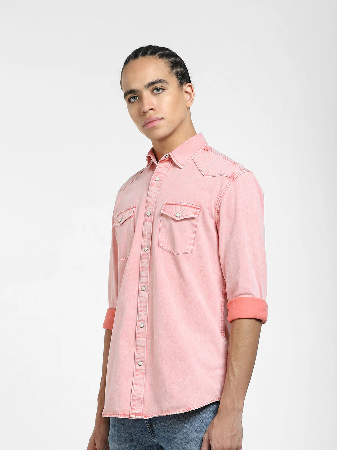 METAVERSE Pink Denim Full Sleeves Shirt - Image 3
