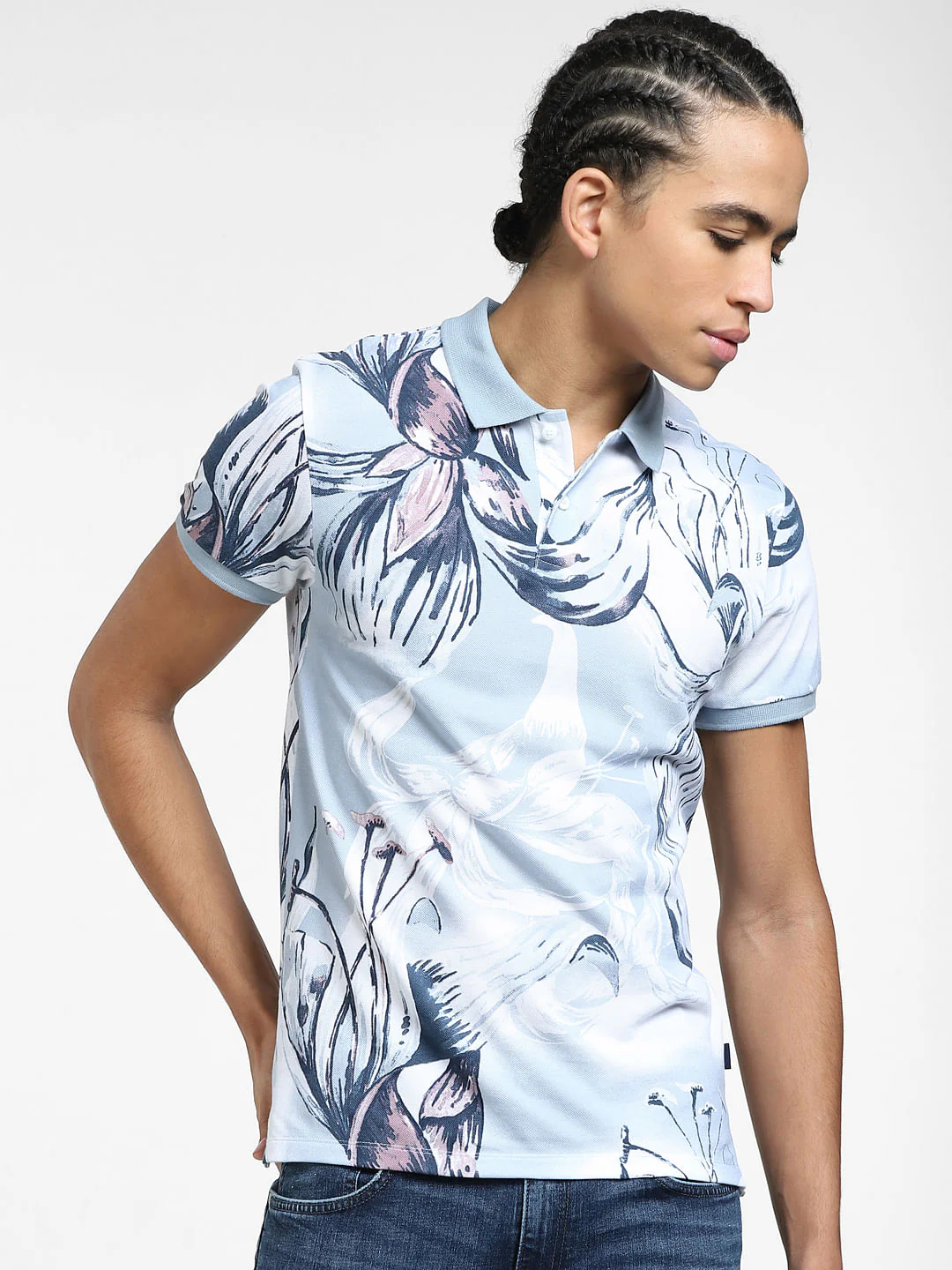Grey Floral Polo Neck T-shirt - Image 2