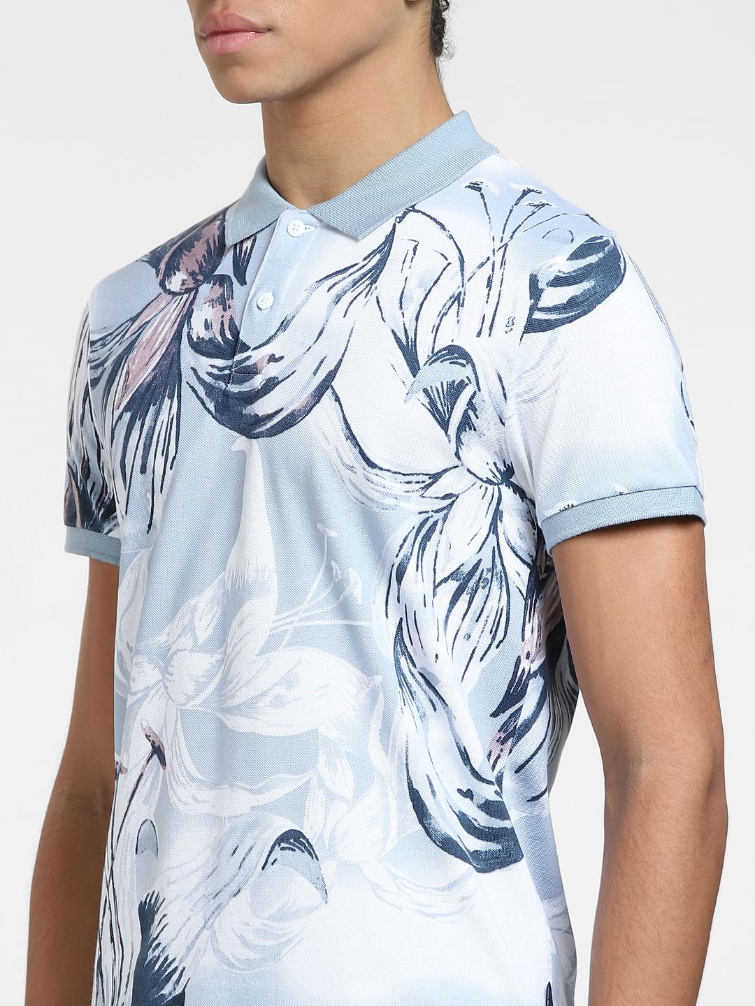 Grey Floral Polo Neck T-shirt - Image 5