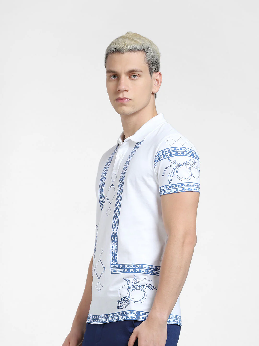 White Printed Polo Neck T-shirt - Image 3